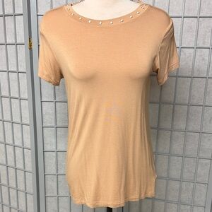 Tristan Beige Studded Short Sleeve Top